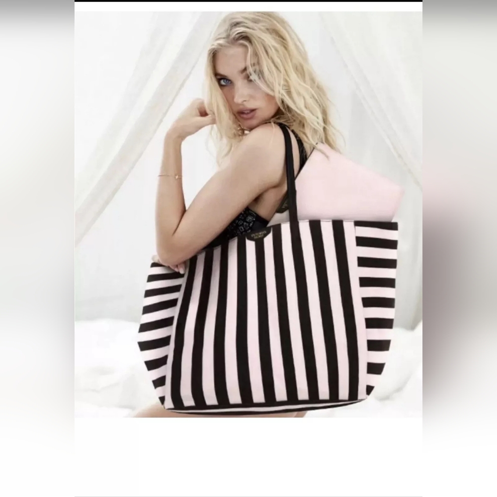Victoria's Secret Two Piece Sripe Get-away Weekender Tote Bag W/ Zip Pouch NWT .